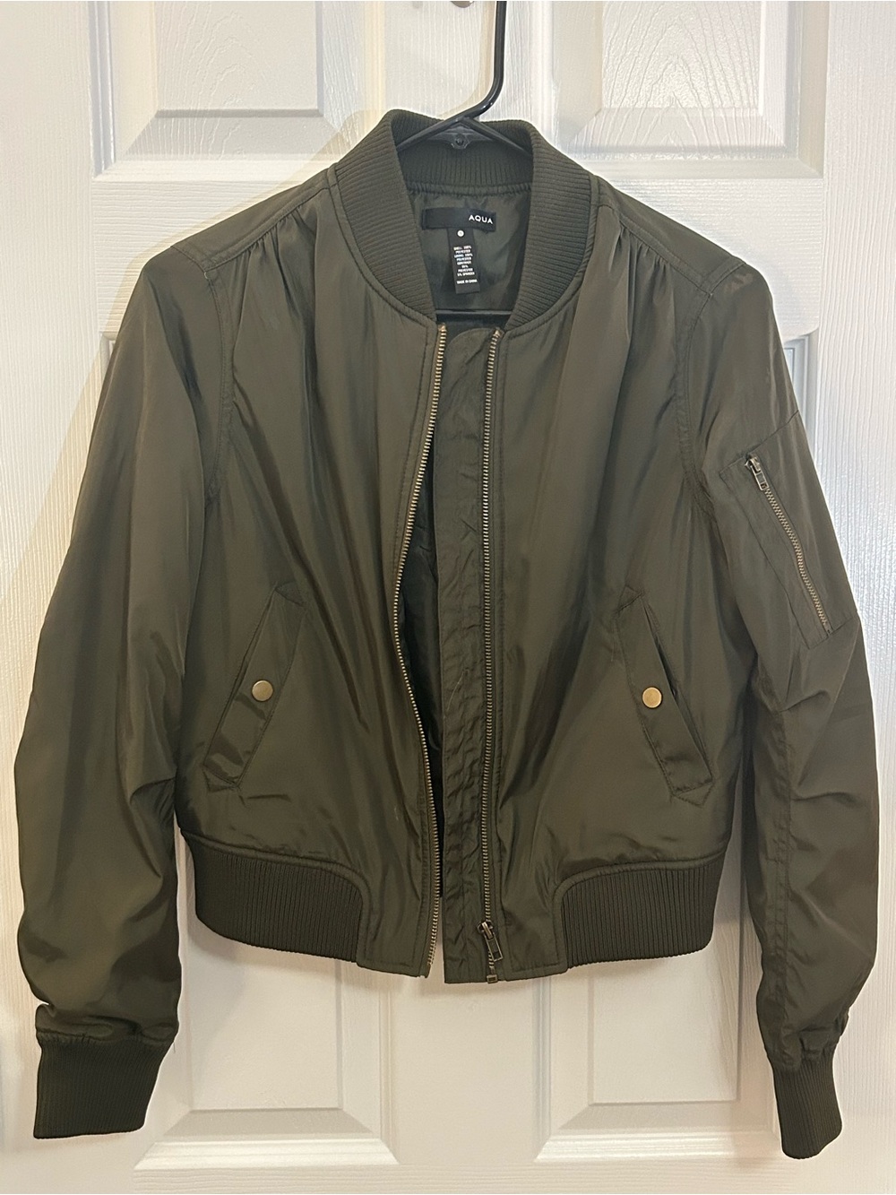 AQUA Olive Green Cropped Zip-Up Bomber Jacket - Size S